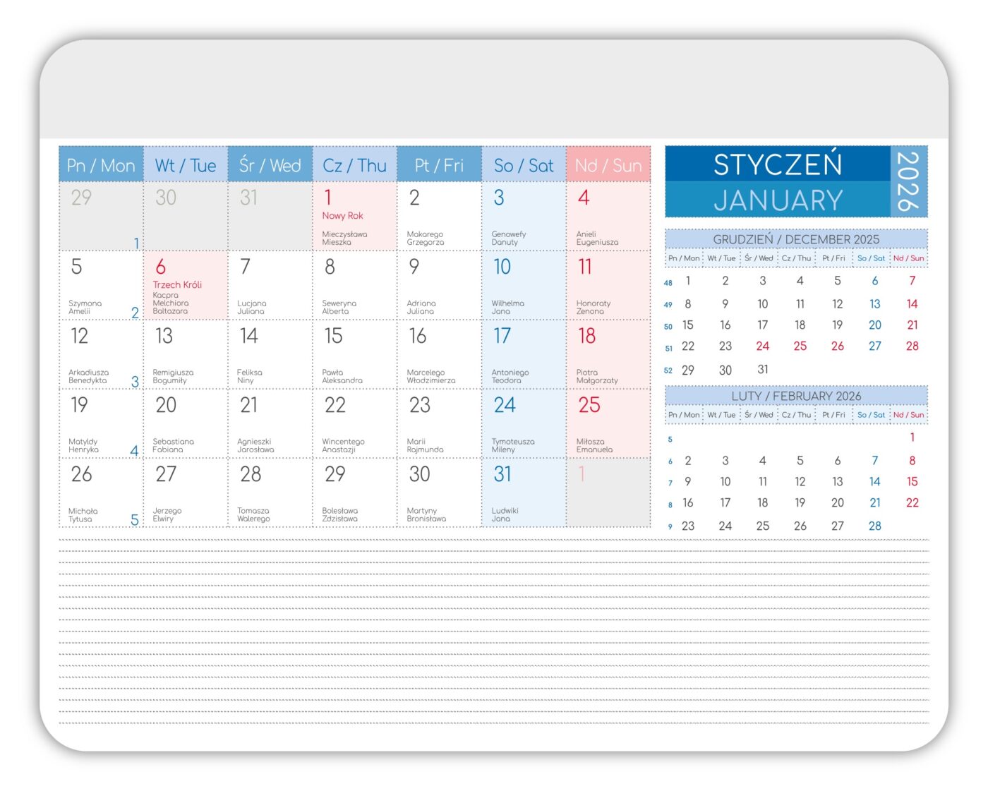 Mouse pad with calendar and advertising print only on calendar cards. The upper foil layer is unprinted, and the connection is covered with a white 1 cm strip.