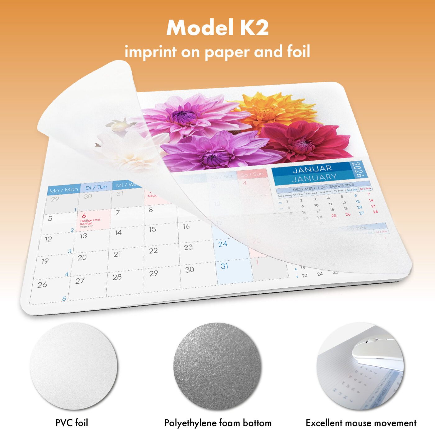Mouse pad with calendar and advertising print on calendar cards and the top part of the foil. The foil is partially printed (rest left clear for calendar visibility), with no separate strip at the top. 👉 Advertising area: calendar cards + top part of the foil.
