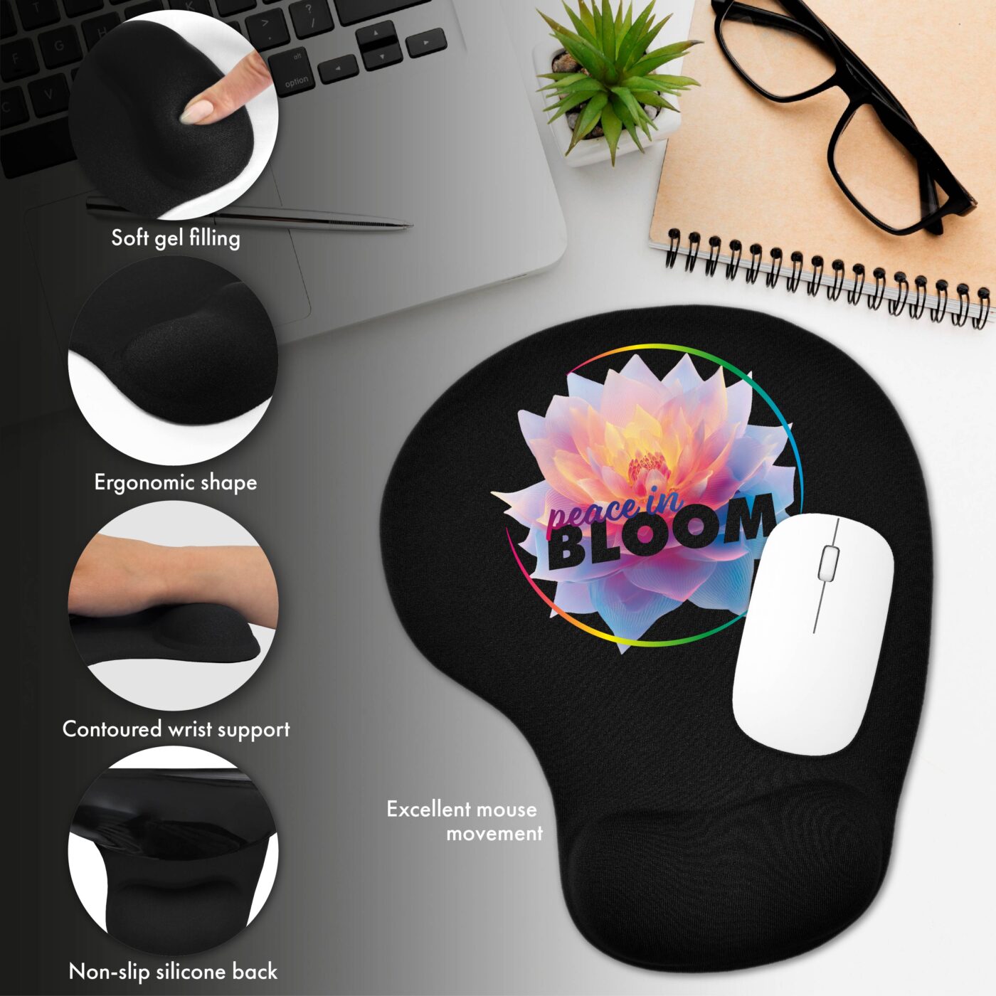 Black ergonomic gel mouse pad with floral design – peace in bloom