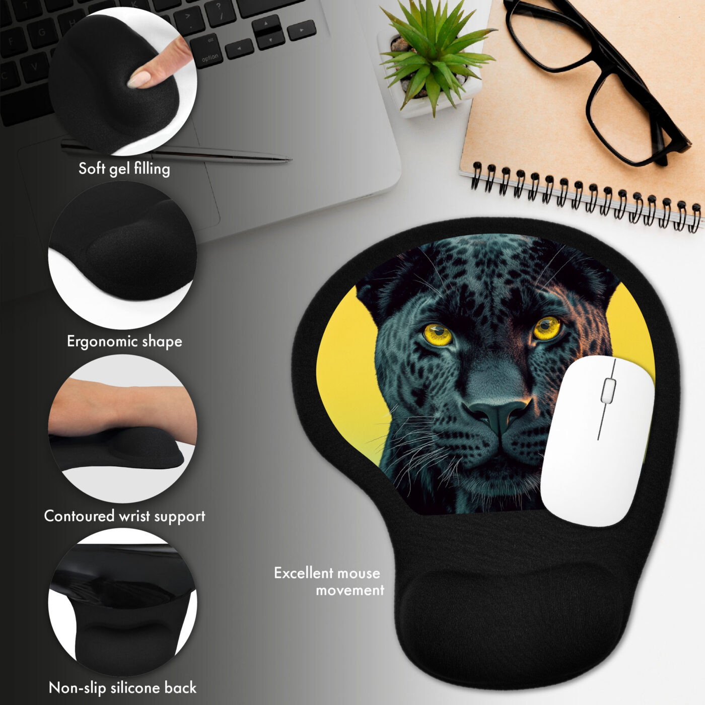 Black ergonomic gel mouse pad with panther print